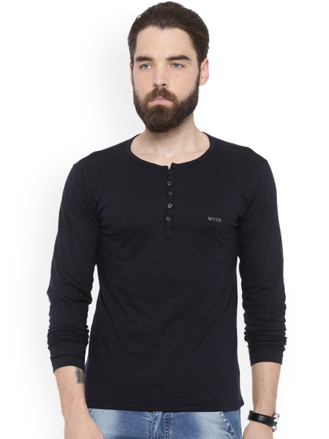 WITH Men Navy Blue Solid Henley Neck T-shirt
