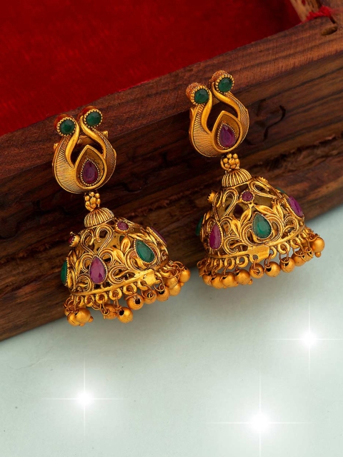 Voylla Women Gold-Toned & Red Contemporary Jhumkas