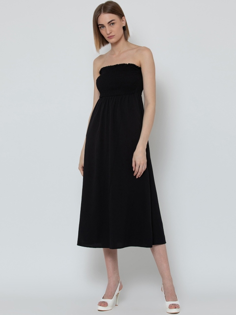 DODO & MOA Women Black Solid Fit and Flare Dress with Smocked Detail