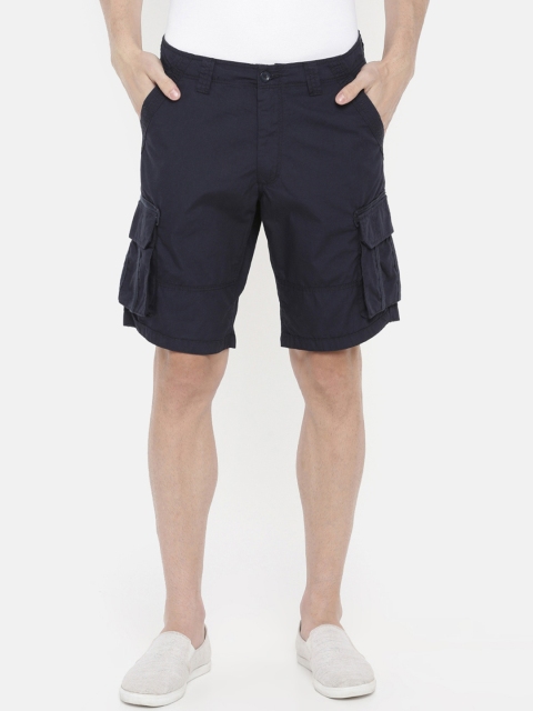 Celio Men Navy Blue Solid Regular Fit Cotton Cargo Shorts
