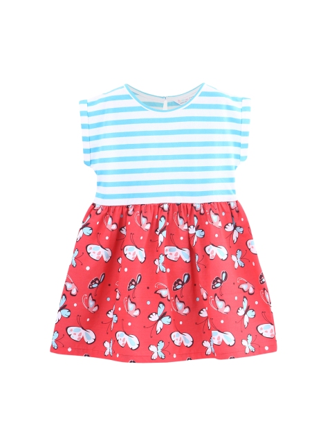 Beebay Girls Red & Blue Butterfly Print Striped Fit and Flare Dress