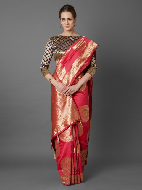 Mitera Pink & Gold-Toned Silk Blend Woven Design Kanjeevaram Saree