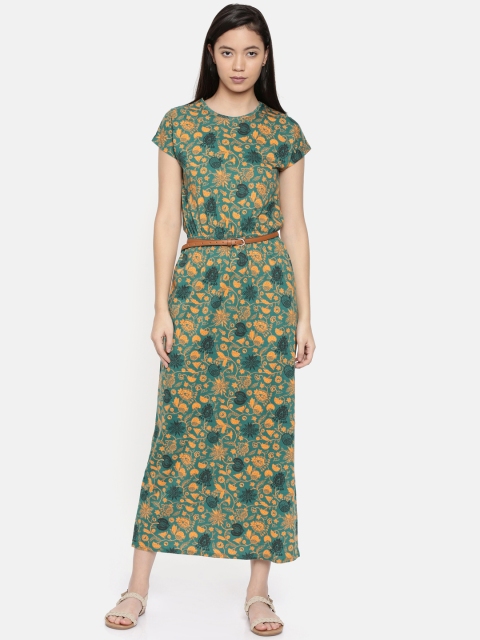 Chumbak Women Green & Yellow Floral Print Fit and Flare Dress
