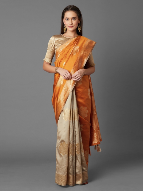 Mitera Mustard & Gold-Toned Silk Blend Woven Design Kanjeevaram Saree