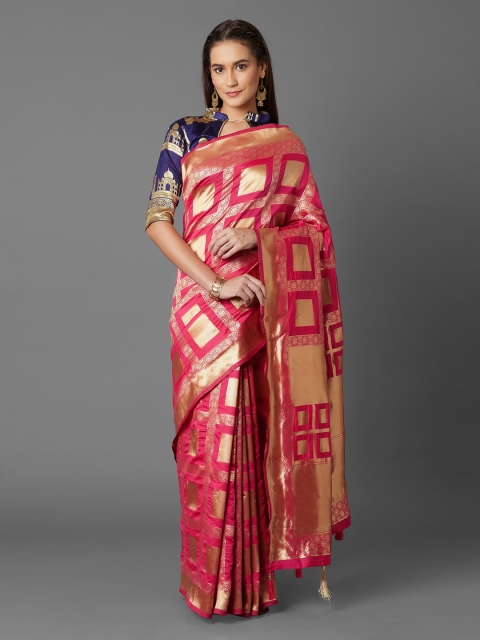 Mitera Pink & Gold-Toned Silk Blend Woven Design Kanjeevaram Saree