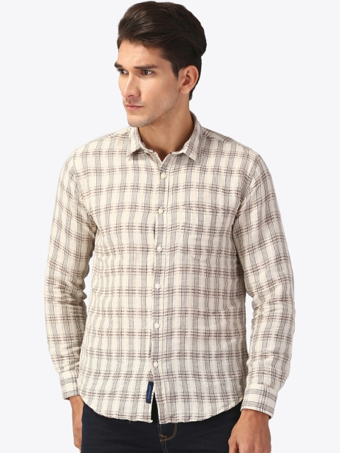 CAVALLO by Linen Club Men Beige Regular Fit Checked Casual Shirt