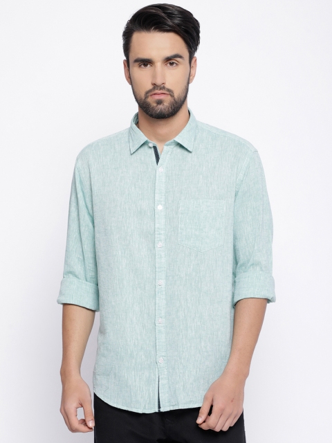 CAVALLO by Linen Club Men Cotton Linen Blue Regular Fit Solid Casual Shirt