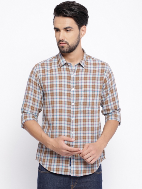 CAVALLO by Linen Club Men Cotton Linen Brown & Blue Regular Fit Checked Casual Shirt