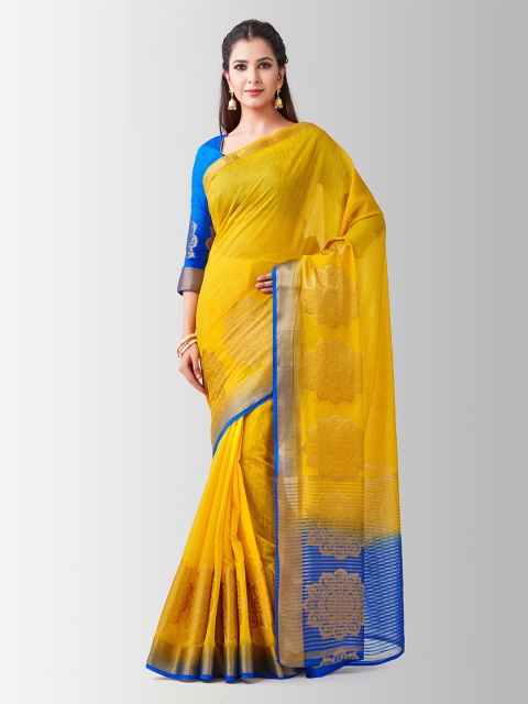 MIMOSA Yellow & Blue Linen Blend Woven Design Kanjeevaram Saree