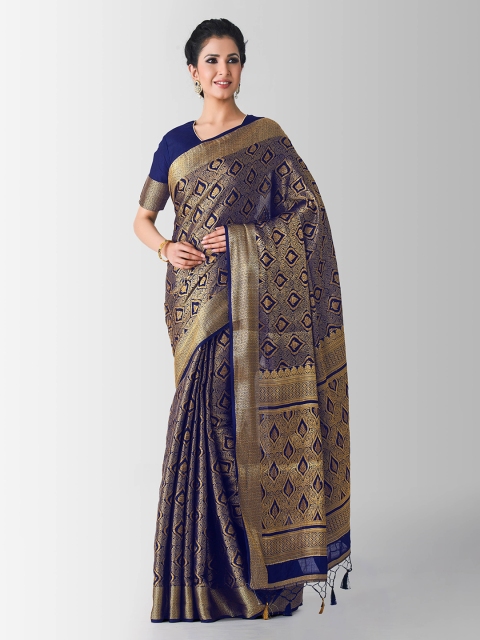 MIMOSA Navy Blue & Gold-Toned Art Silk Woven Design Kanjeevaram Saree