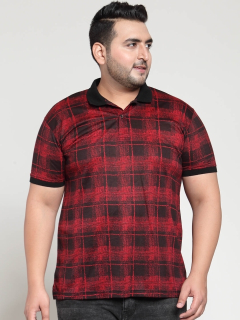 plusS Men Red Checked Polo Collar T-shirt