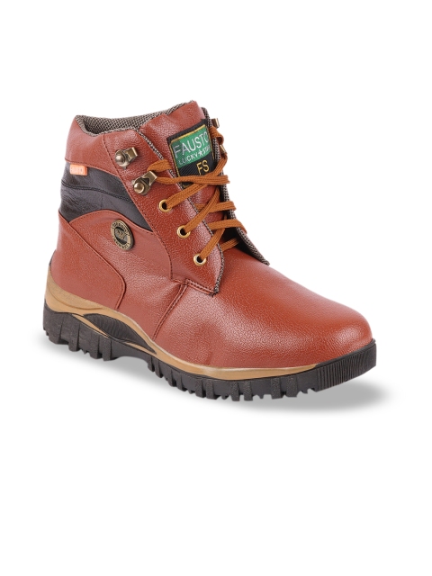 FAUSTO Men Tan Brown Colourblocked Synthetic Leather Mid-Top Flat Boots