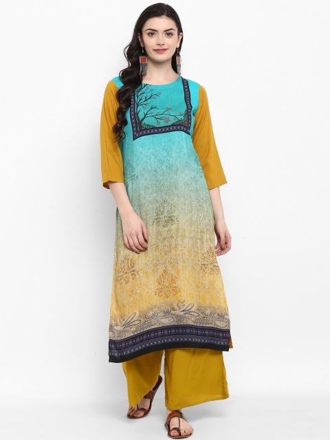 ZIYAA Women Mustard Yellow & Blue Printed Kurta with Palazzos