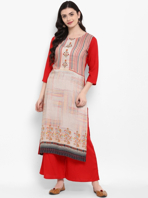 ZIYAA Women Beige & Red Printed Kurta with Palazzos