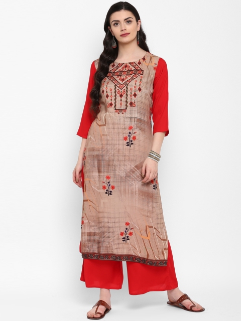 ZIYAA Women Brown & Red Yoke Design Kurta with Palazzos