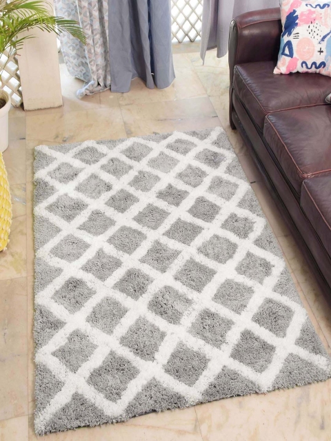 Avira Home Grey & White Geometric Woven Shaggy Carpet