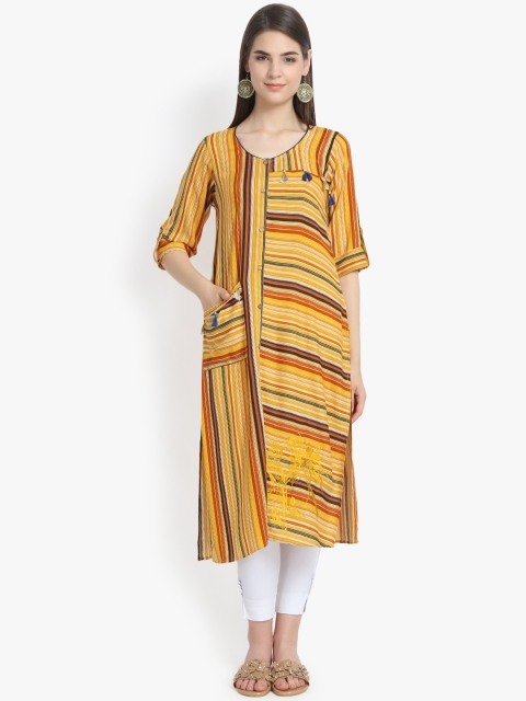 Aujjessa Women Yellow & Orange Striped Straight Kurta