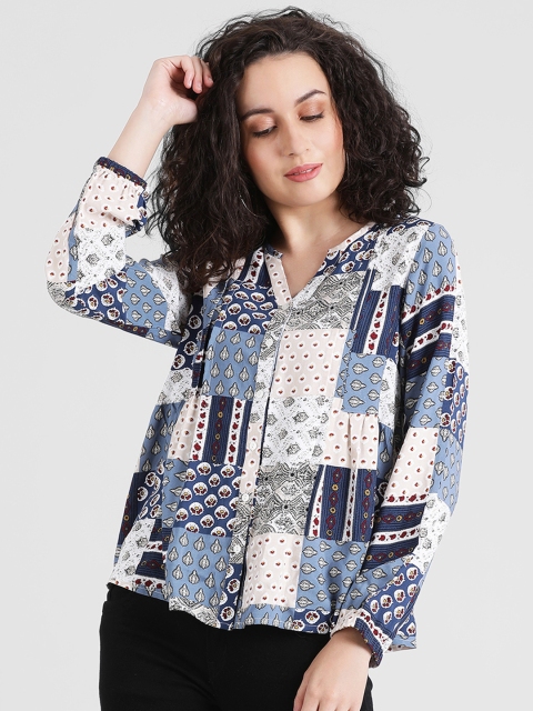 Zink London Women Blue Printed Shirt Style Top
