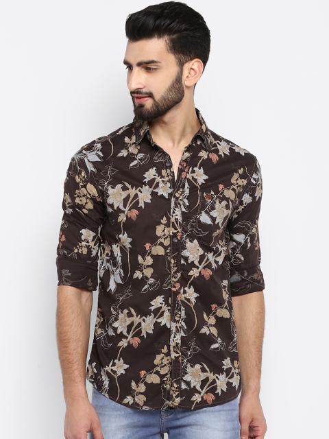 Mufti Men Coffee Brown Regular Fit Printed Casual Shirt