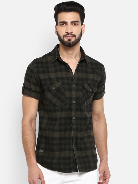 Mufti Men Olive Green & Black Regular Fit Checked Casual Shirt