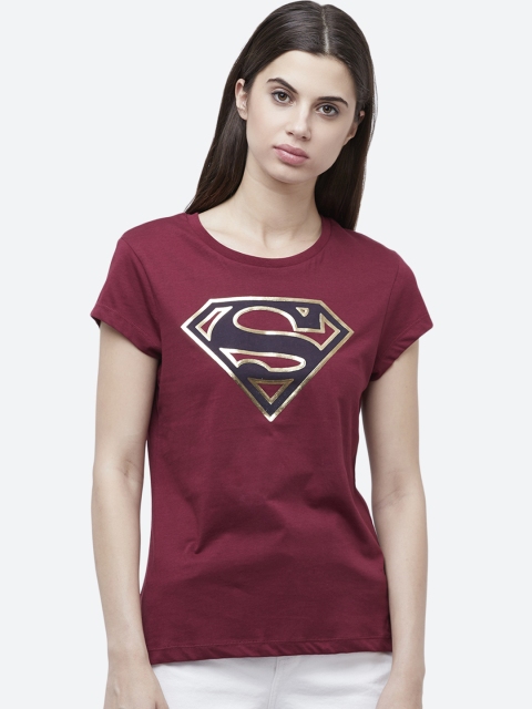 Free Authority Women Maroon Superman Printed Round Neck T-Shirt