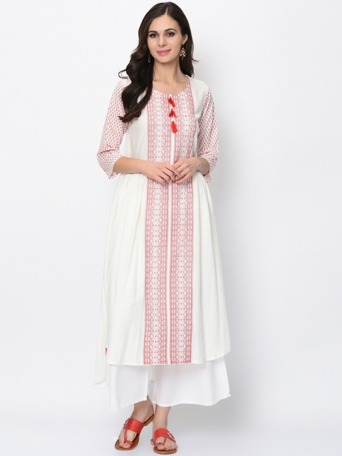 ZIYAA Women White & Pink Printed Kurta with Palazzos