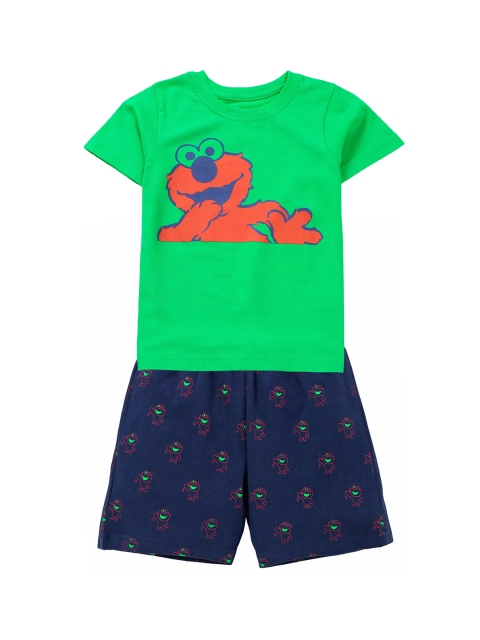 KiddoPanti Boys Green & Navy Blue Printed T-shirt with Shorts