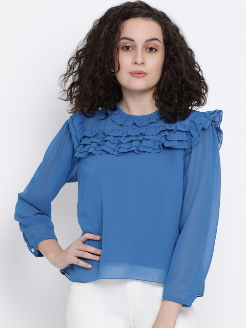 Oxolloxo Women Blue Solid A-Line Top
