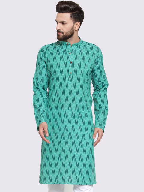 Jompers Men Sea Green Printed Straight Kurta
