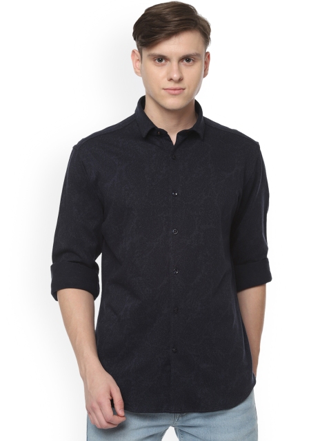 V Dot Men Navy Blue Tight Slim Fit Solid Casual Shirt
