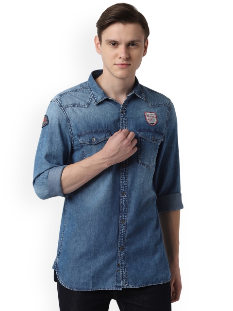 Peter England Casuals Men Blue Super Skinny Fit Faded Casual Shirt