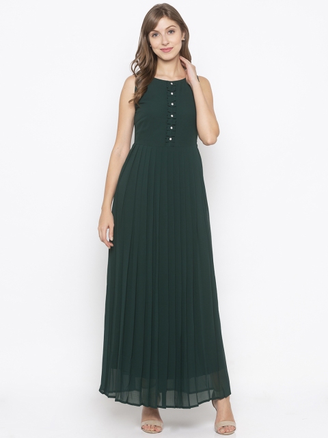 Iti Women Green Solid Accordion Pleat Maxi Dress