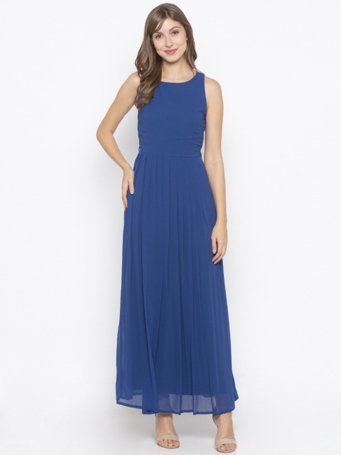 Iti Women Blue Solid Accordion Pleat Maxi Dress