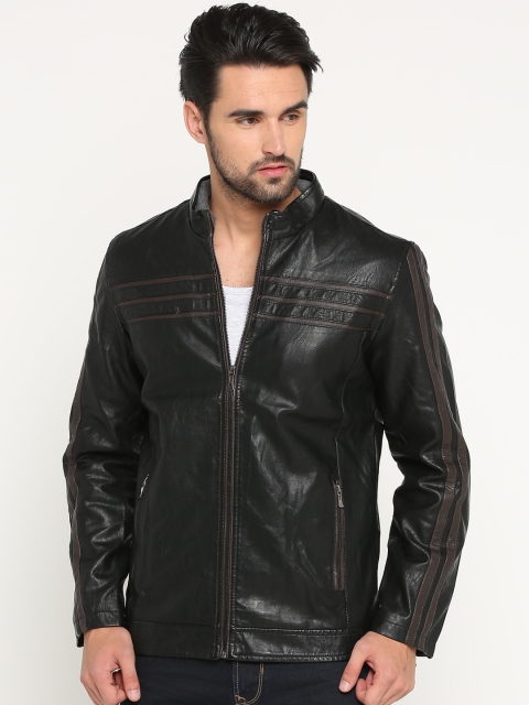 SHOWOFF Men Black Solid Leather Jacket