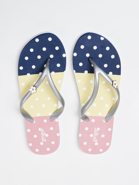Ginger by Lifestyle Women Navy Blue & Cream-Coloured Printed Thong Flip-Flops