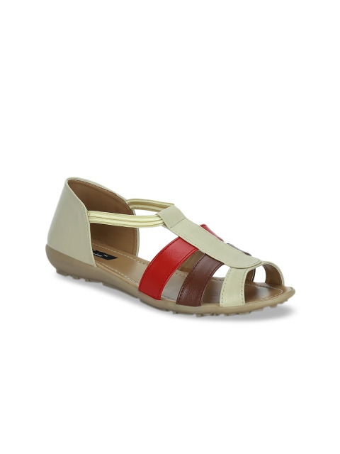 Kielz Women Cream-Coloured & Red Colourblocked Open Toe Flats