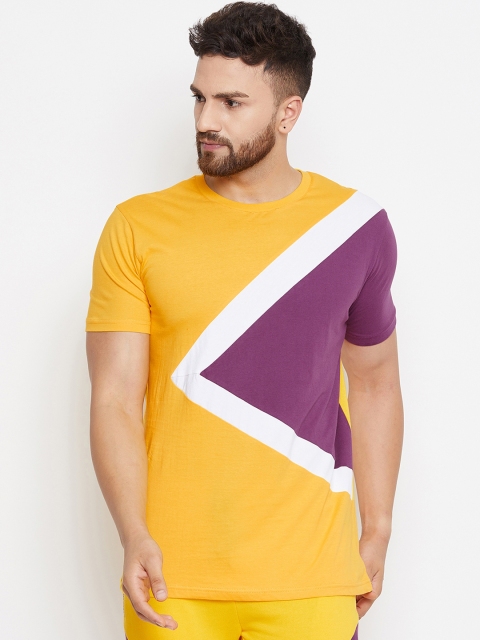 FUGAZEE Men Purple & Yellow Colourblocked Slim Fit Round Neck T-shirt