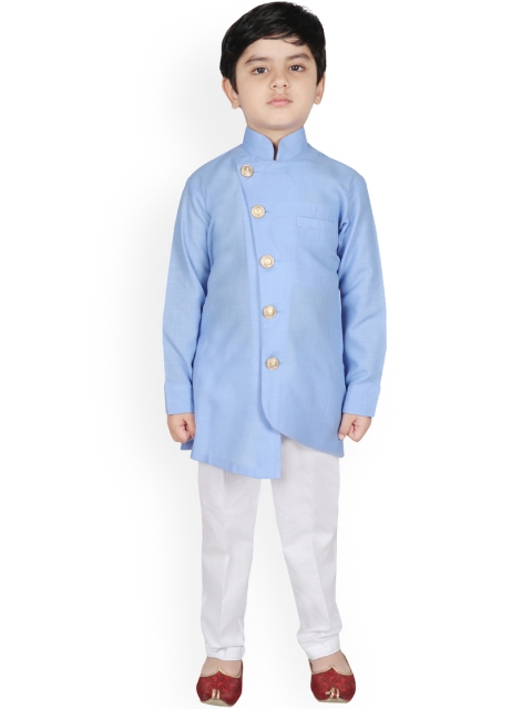 SG YUVRAJ Boys Blue & White Brocade Weave Solid Kurta with Trousers