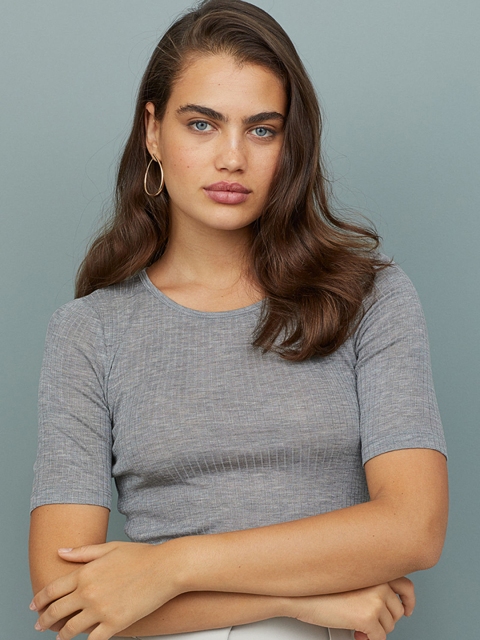 H&M Women Grey Solid Silk-Blend T-shirt