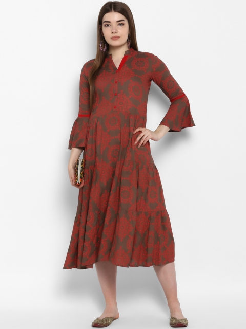 ETHNIC STREET Women Red & Grey Fit and Flare Dress