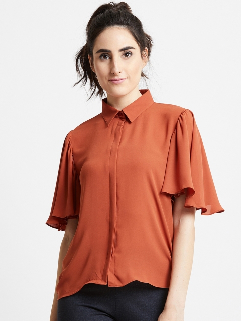 COVER STORY Women Rust Brown Solid Shirt Style Top