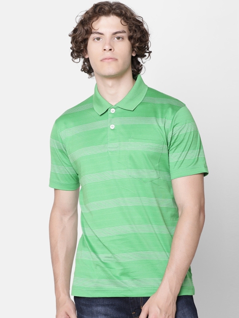 IMYOUNG Men Green Striped Polo Collar T-shirt