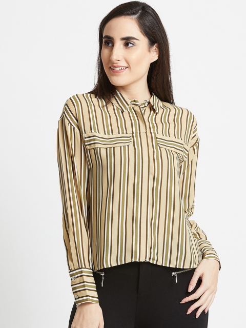 COVER STORY Women Brown & Beige Striped Shirt Style Woolen Top