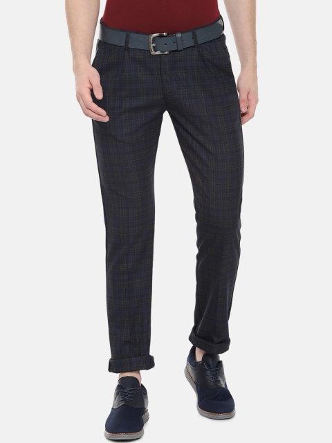 Allen Solly Men Navy Blue & Grey Slim Fit Checked Regular Trousers
