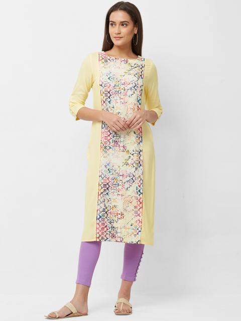 Naari Women Yellow & White Printed Straight Kurta