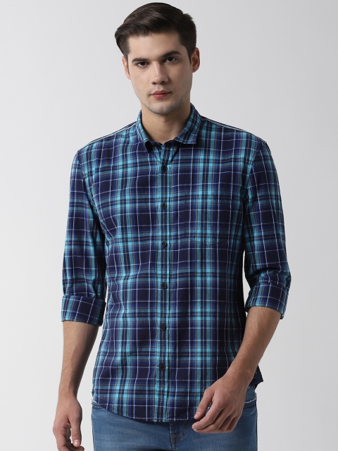 Peter England Casuals Men Navy Blue Slim Fit Checked Casual Shirt