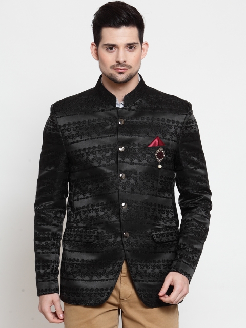LUXURAZI Men Black Self-Design Slim-Fit Bandhgala Blazer