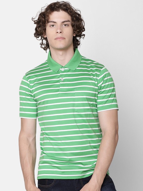 IMYOUNG Men Green Striped Polo Collar T-shirt 
IMYOUNG Men Green Striped Polo Collar T-shirt