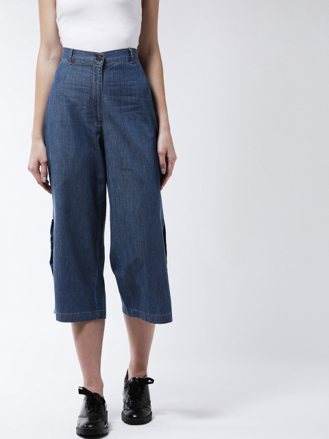 MAGRE Women Blue Denim Loose Fit Side Striped Solid Culottes