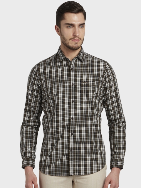ColorPlus Men Olive Green & White Regular Fit Checked Casual Shirt